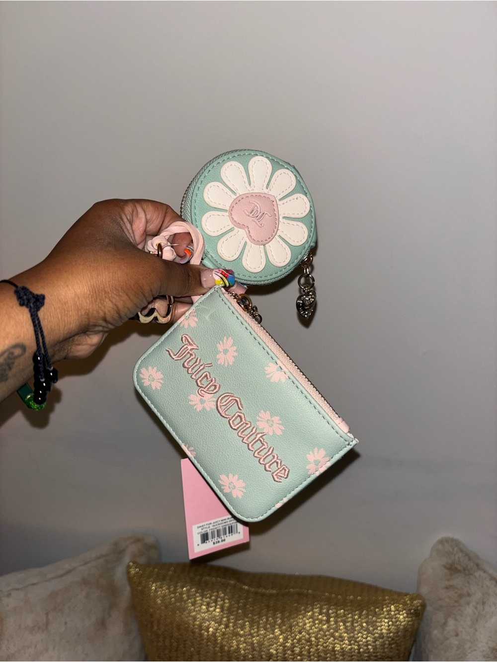 Juicy Couture Mint and Pink Floral Coin Pouch & Card Holder Set